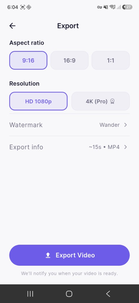 Wander export screen with aspect ratio and resolution options