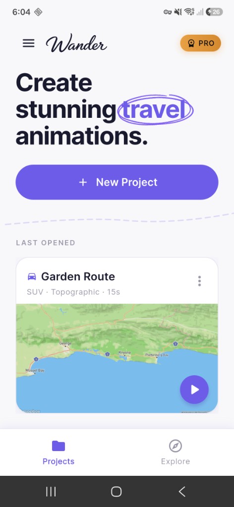 Wander projects screen with a Garden Route project card