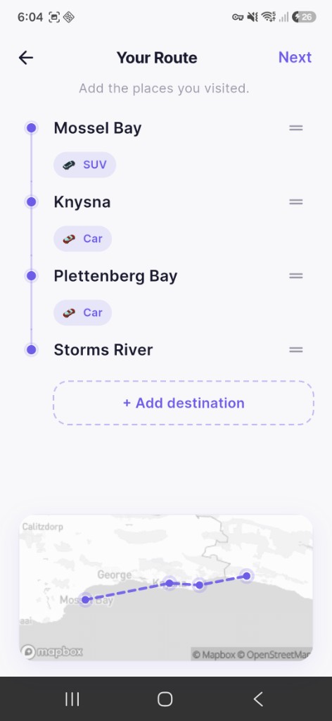 Wander route editor with stops along the Garden Route in South Africa