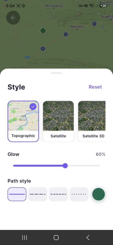 Wander style picker with topographic, satellite, and glow settings